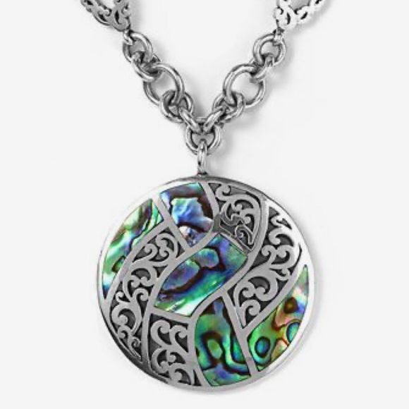 LOIS HILL Mosaic Abalone Pendant on Sterling Silver Cut Out Open Link Necklace